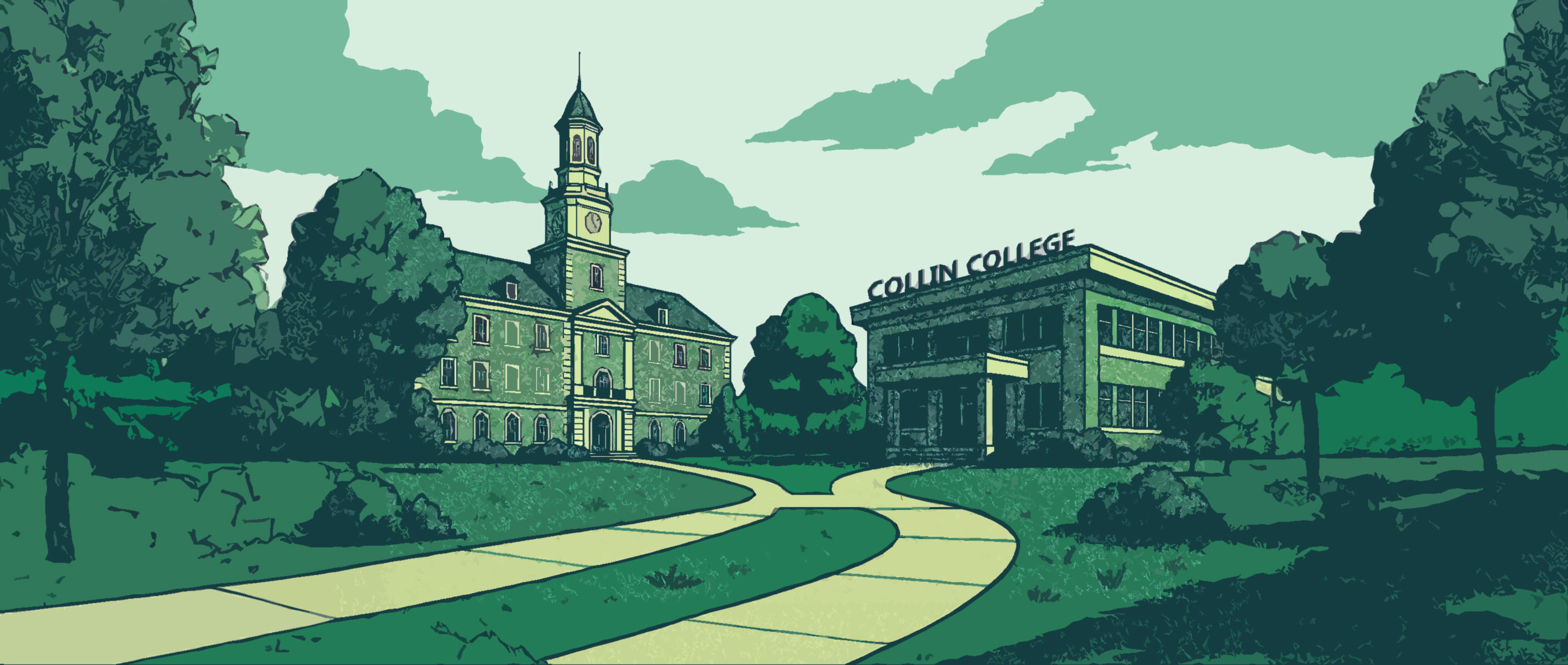 Decorative image of UNT building and Collin Collage building connecting to each other